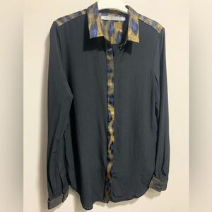 Tiger of Sweden Black Silk Button-Up Shirt with Gold and Blue Leopard Accents
